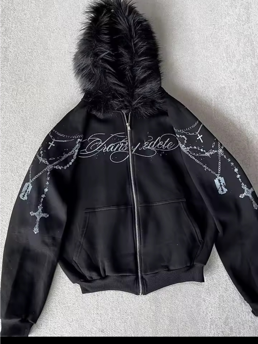 & Other Stories Black Hooded Zip Puffer with Faux Fur Trim and Cross Graphic